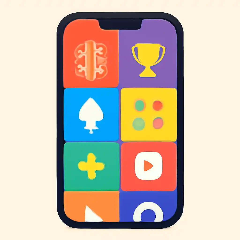 Smartphone shown from the front displaying a colourful flat layout of abstract game icons and rounded tiles (no text, no letters, no labels), Jai Win