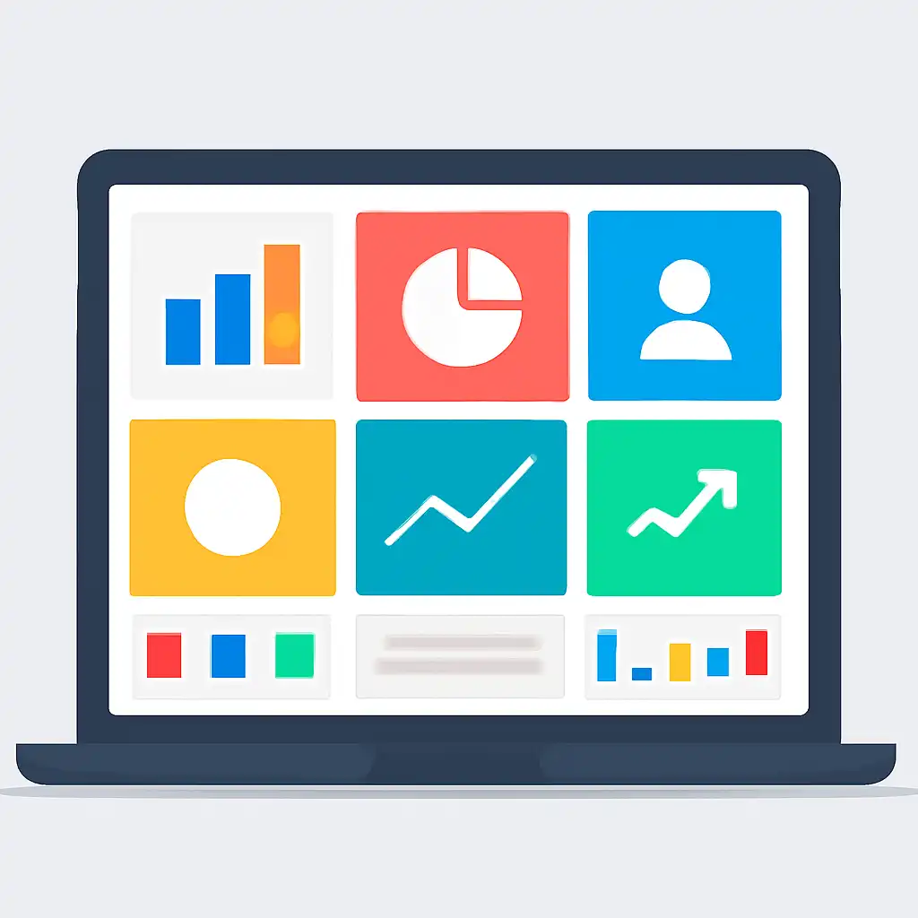 Laptop shown from the front displaying a colourful flat dashboard of abstract charts, bars and icon tiles (no text, no letters, no labels), Jai Win